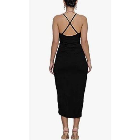 NEW LYANER V Neck Ruched Wrap Slit Spaghetti Strap Midi Dress S - Picture 3 of 5